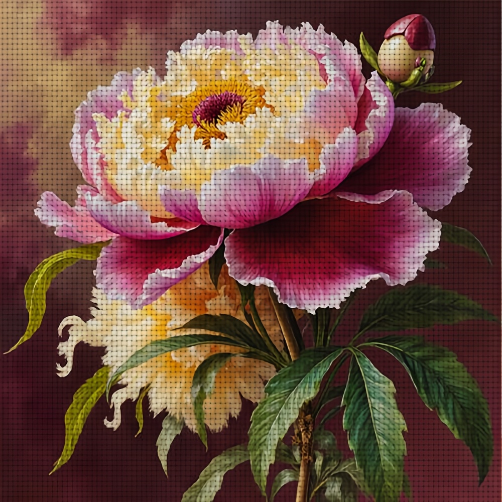 TEMU 1 Set Of 11ct Frameless Diy Cross Stitch Kit-peony With Pinkyellow Petals And Bud,home Decoration Art Handmade Embroidery Set, Including