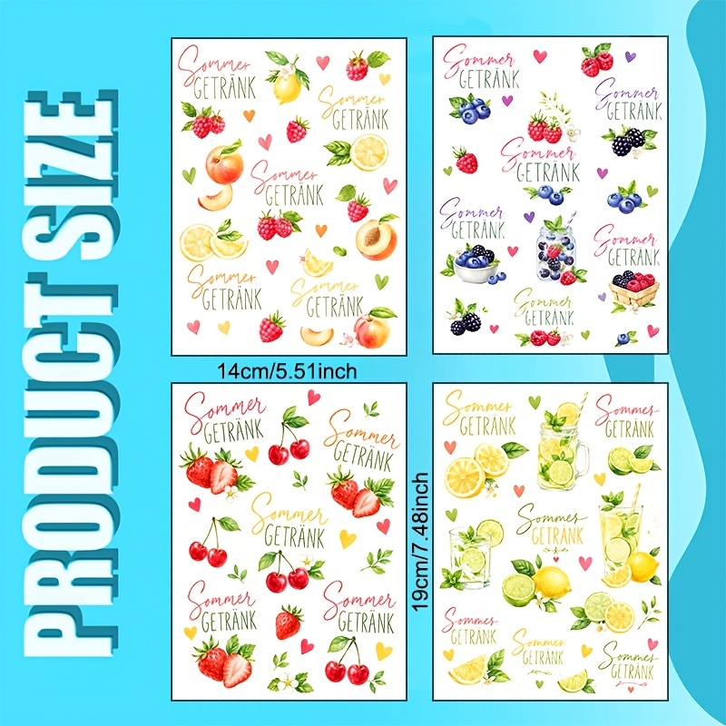 Image of 4pcs German Fruits Vinyl Uv Dtf Transfer (selling Transfer Paper ) Suitable For Cups, 16oz Glass Tumblers, Coffee Mugs, Ceramic, Pc, Phone Case Transfer Paper, Decoration, Craft Lovers