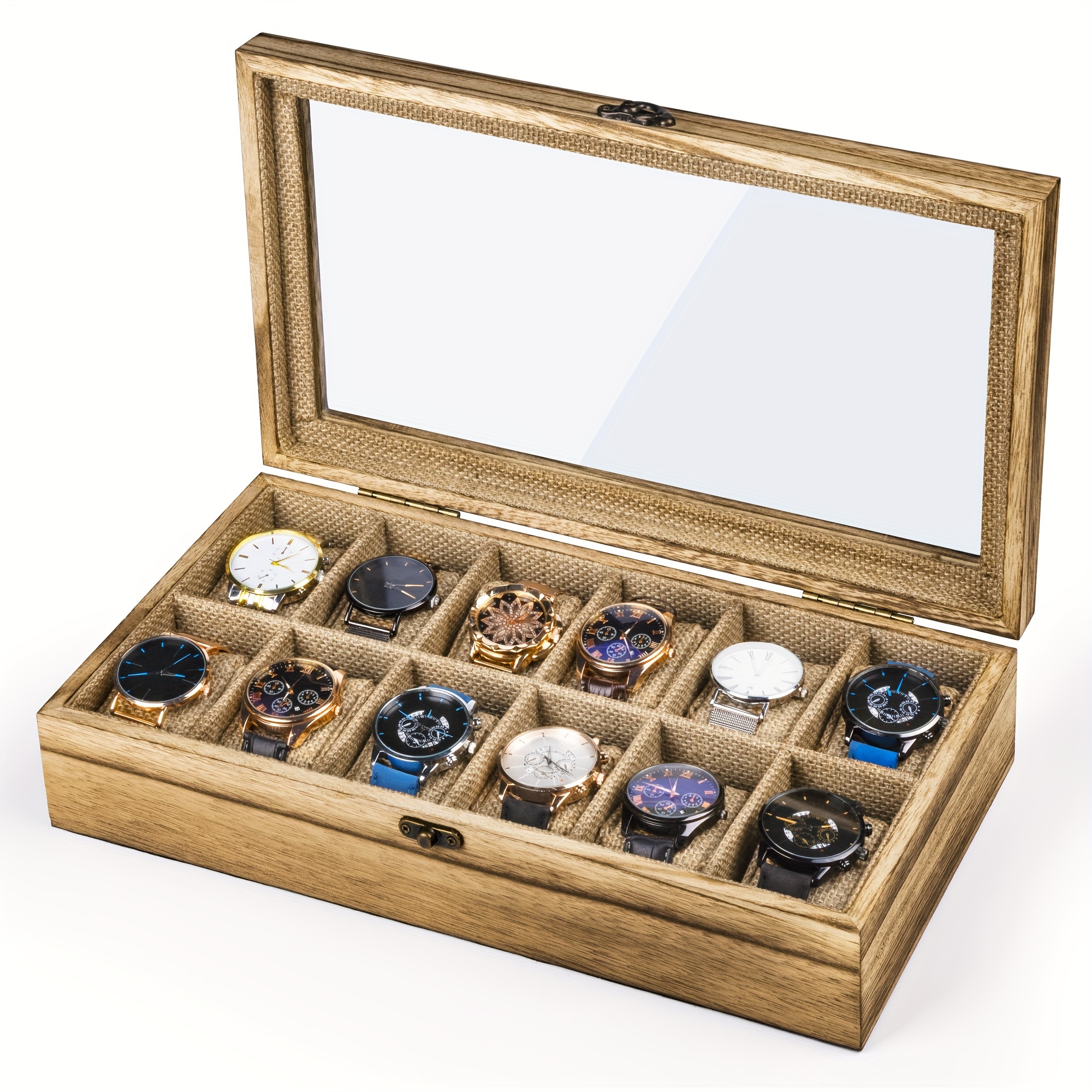 6 Slot Wood online Box with Glass Top, Carbonized Black