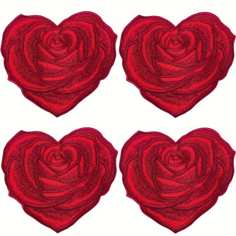 4pcs Valentine's Day Heart-Shaped Rose Embroidered Iron-On Patches for Clothing Accessories, 4.5in x 4in