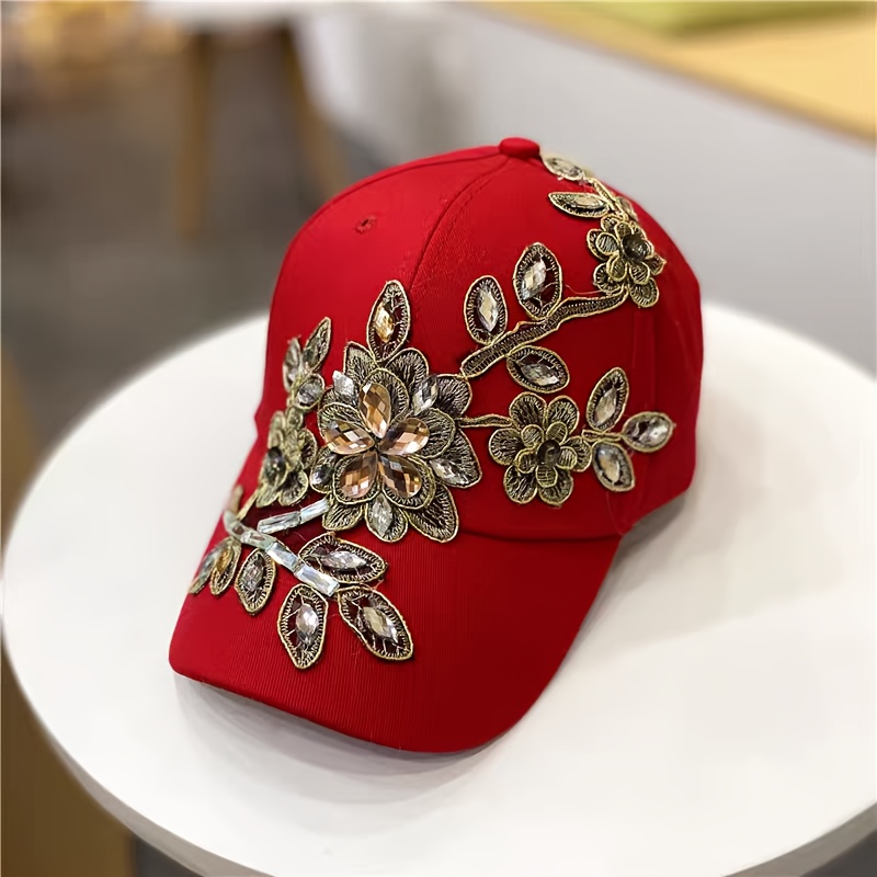 TEMU 1pc Women's Hat, Spring/summer Handmade Applique Rhinestone Baseball Cap, Casual Versatile Fashion Duckbill Cap, Outdoor Vacation Hat. Glue Gun
