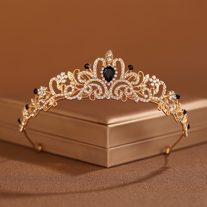 TEMU 1pc, Luxurious Golden And Black Gemstone European Retro Princess Crown Headpiece - Exquisite Elegant Rhinestone Bridal Headband, Alloy Birthday
