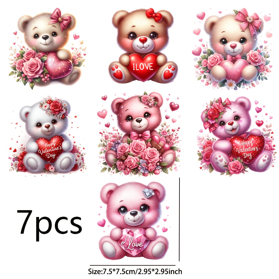 

7pcs Valentine's Day Cute Bear Sticker Set - Dtf Transfer, Cartoon Theme For Cups, Bottles & Laptops - Diy Crafts & Decorations, Notebook, Craft Supplies