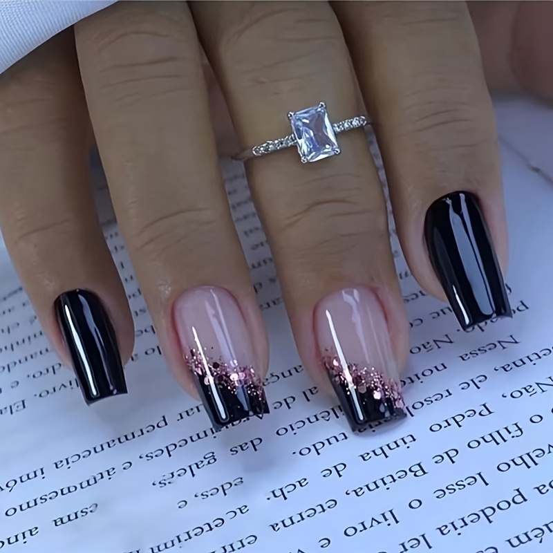 : 24pcs Medium-length Square Black Diagonal Stripe Glitter Full-cover Press-on Fake Nail Set With Jelly Glue And Nail File, Suitable For Women/ For Parties, , And Daily Occasions