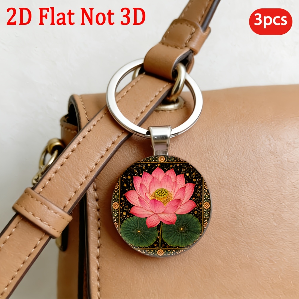 Fashionable Pink Lotus Patterned Round Key Pendant Keychain, 3pcs