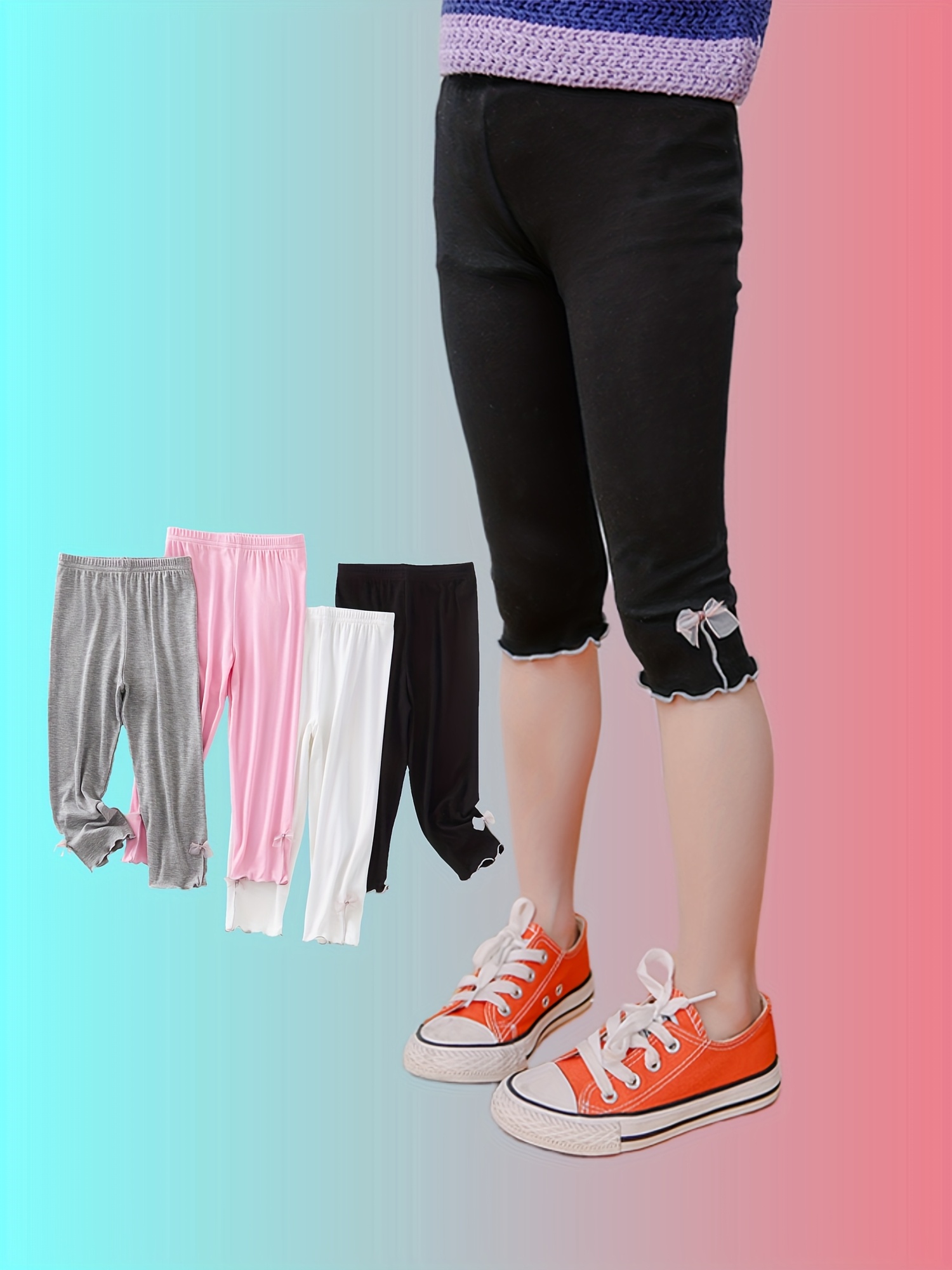 4-Pack Capri Leggings with Bow Waist Summer Stretchy *-* Colors (Black,  White, Pink, Grey) Semi-Sheer 7/8 Length Pants for Layering, Dance