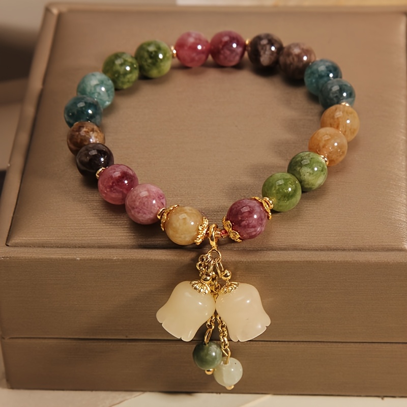 Pulseira de Pedra Natural Colorida com Pendente de Flor, Pulseira de Estilo Étnico, Presente Perfeito para Namorada ou Melhor Amiga, Usável em Todas as Estações