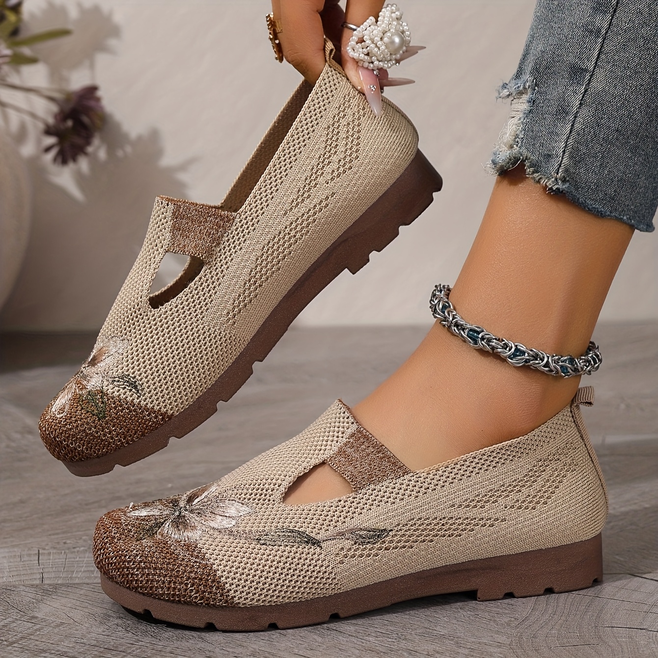 women's slip floral flats beige gray elderly shoes cushioned