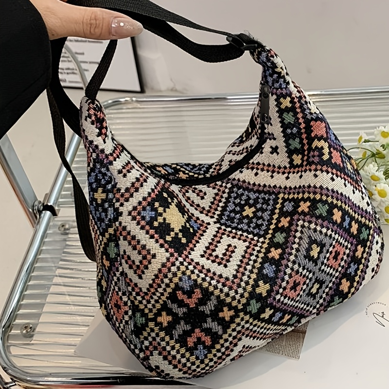 

Sac à bandoulière en nylon avec motif ethnique, sac fourre-tout décontracté, fermeture à glissière, doublure en polyester, lavage pour un .