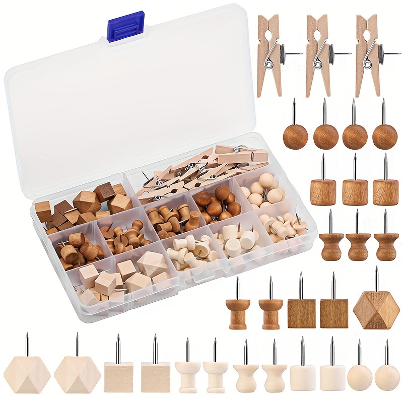 

114pcs Decorative Wooden Head Pins In 2 Colors And 7 Types - Thumb Tacks For Crafts And Bulletin Boards, With Storage Box