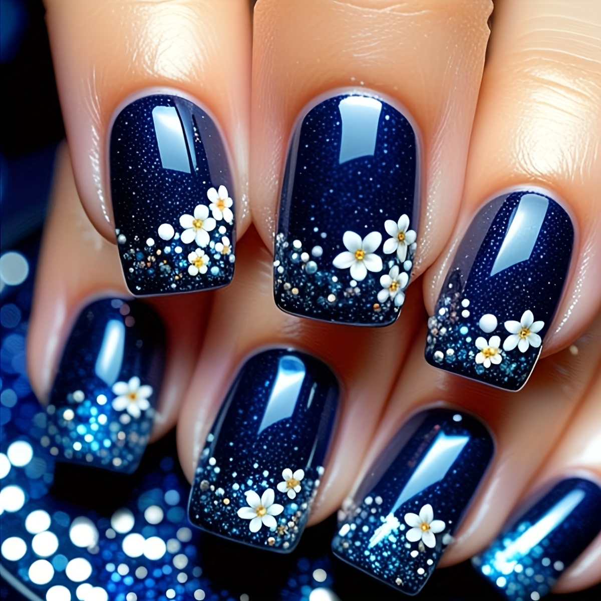 24pcs Medium-sized Square Nails With Polka Dot , Detachable, Full Coverage Of , Press-on False Nails, Suitable For Women' Party Nail Decoration