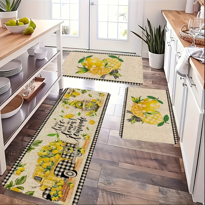 

Lemon-themed Kitchen Doormat Set 3 Pieces, Machine Washable Non-slip Absorbent Polyester Mats, Includes 40x60cm, 40x120cm, 60x180cm Sizes For Bedroom, Living Room, And Laundry Room