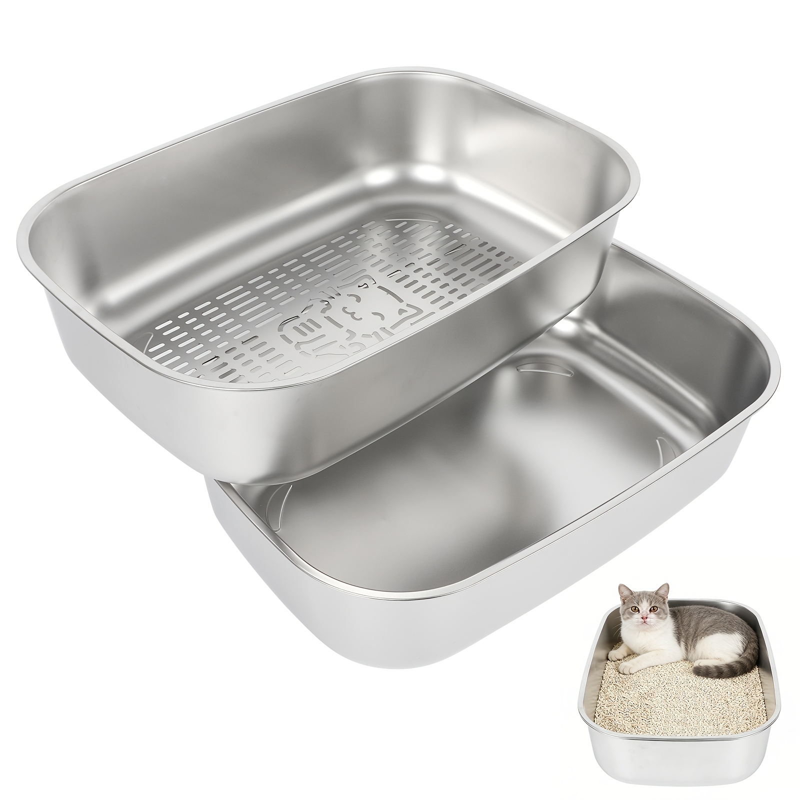 Double-layer Stainless Steel Cat Litter Box, Raised Edges To Prevent Splashing And Scattering, With Sieve, Large Size, Open-type, Easy To Toilet, Without Battery