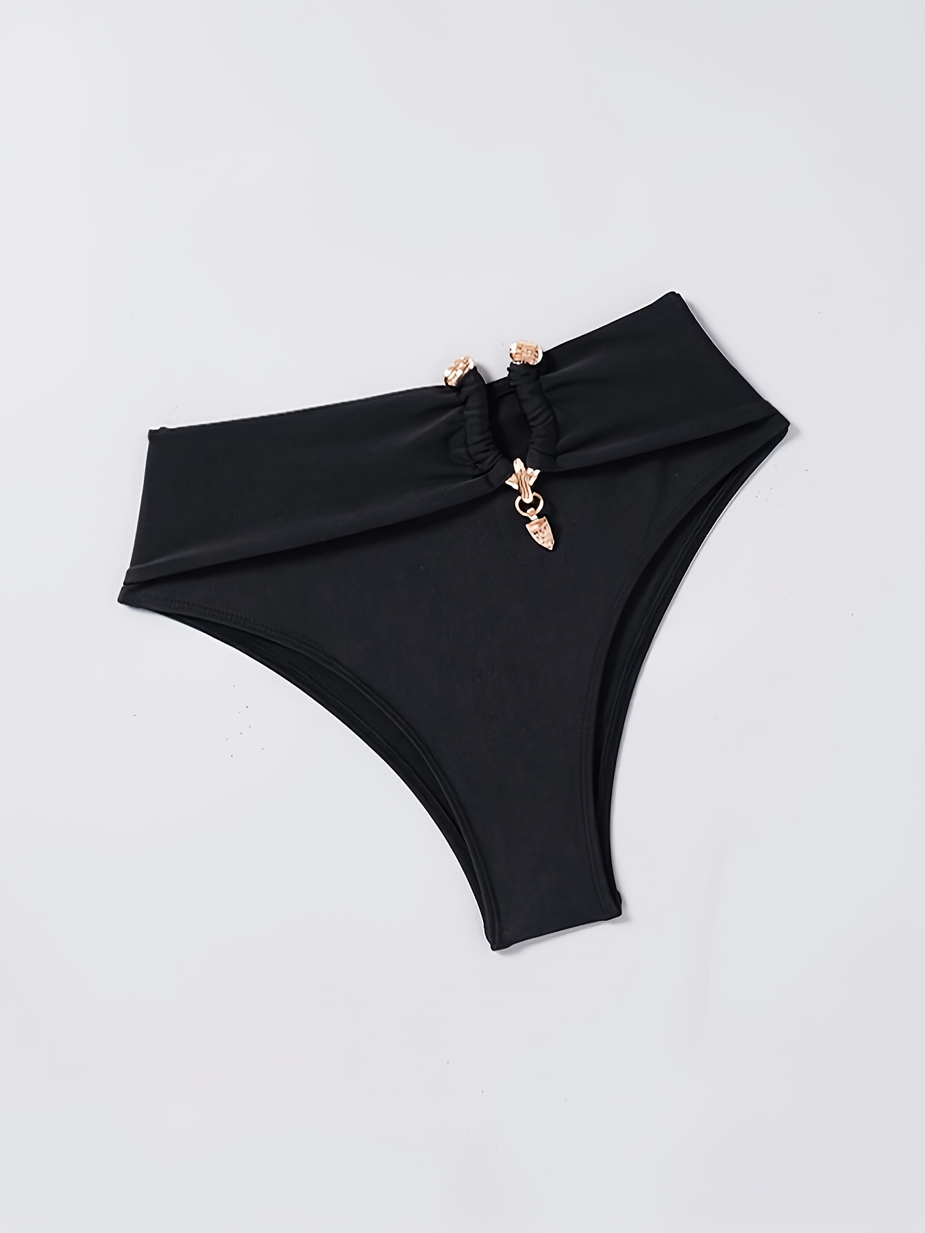 1pc Women'S High-Waisted Bikini Bottoms with Metallic Accents, Solid Color, Knit Fabric, 80% Polyamide 20% Elastane, Stretchy Swimwear