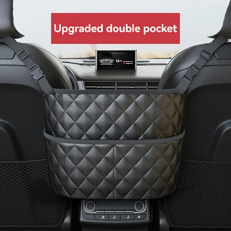 TEMU [ Build] Luxury Pu Leather Car Armrest Organizer With Dual Pockets – Compact Storage Box For Vehicle Interior, Black Quilted Design, Includes Keychain Holder & Accessory Compartments, Car Storage