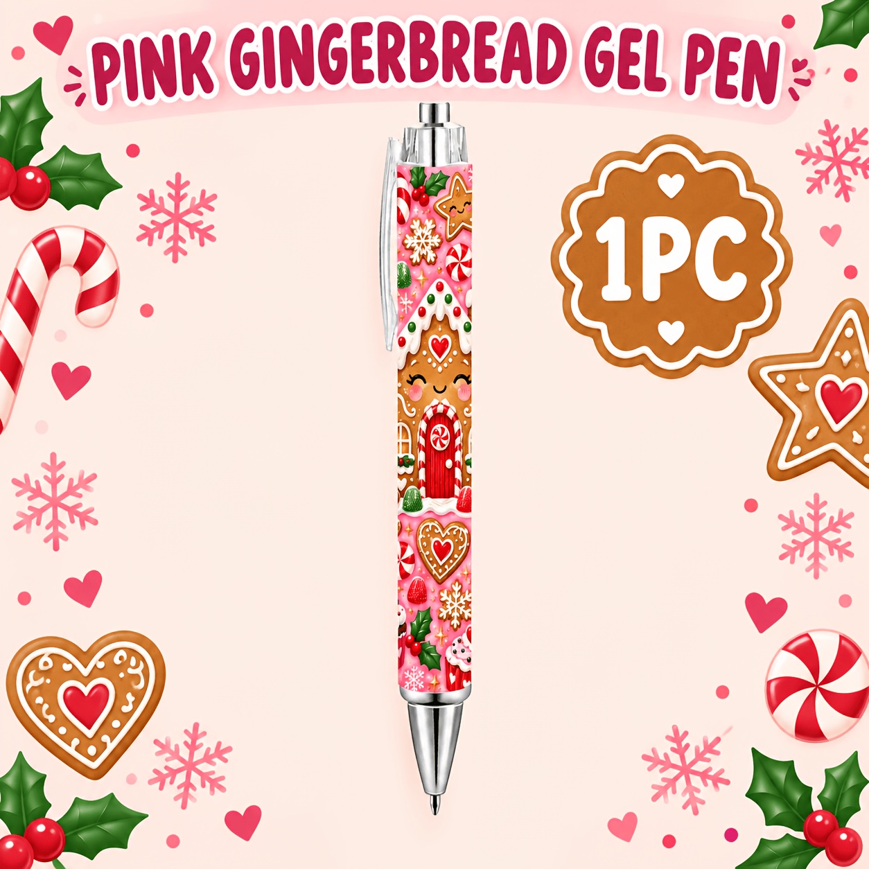 TEMU 1pc Pink Gingerbread Christmas Gel Pen, Black Ink Retractable Pen With Clear Clip For Journaling, Office & Gifts