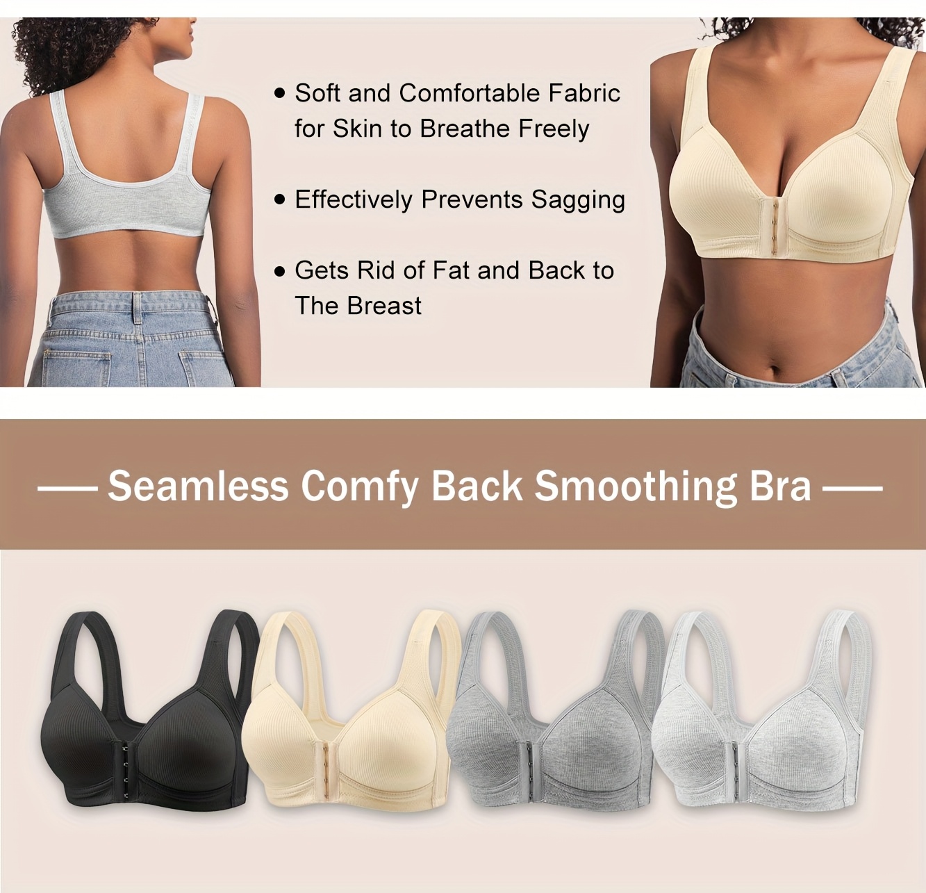 3pcs womens wire free front closure full coverage bras high support t shirt bra with non detachable padding breathable everyday comfort elegant solid color light grey white black tummy control natural lift no underwire for sensitive light beige casual formal wear seamless design soft fabric lightweight material comfortable fit work from home bras bras for women front closure wireless bras for women seamless bras for women bras for women full support Product details 1