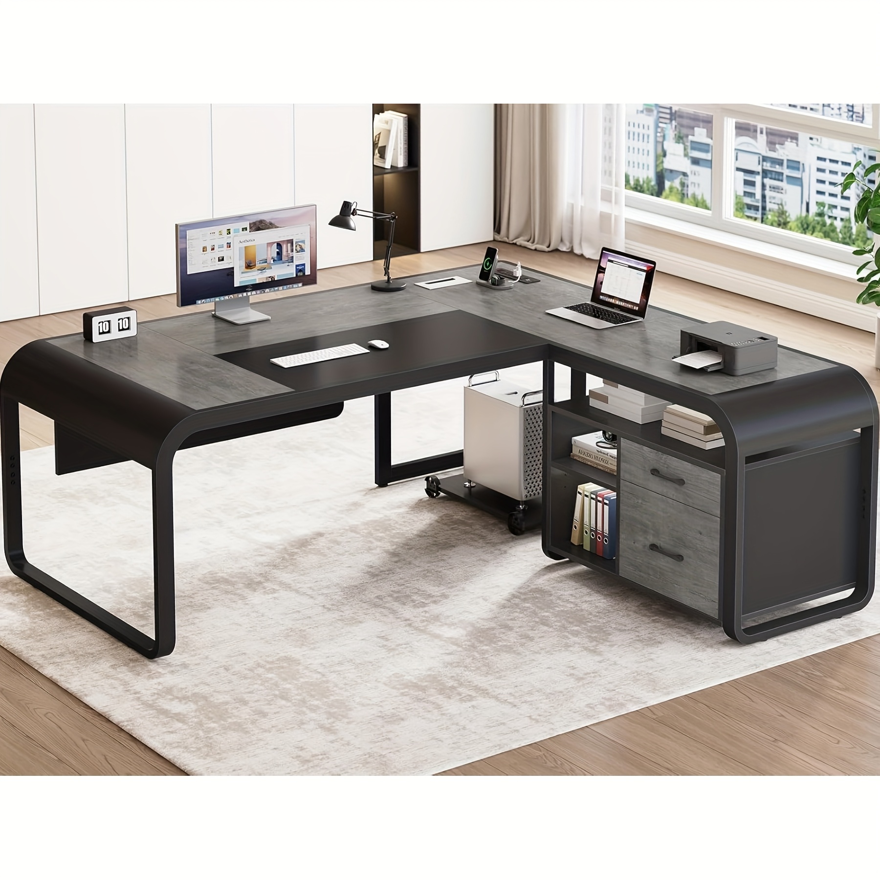 63" L-Shaped Executive Desk with Charging Station & File Cabinet