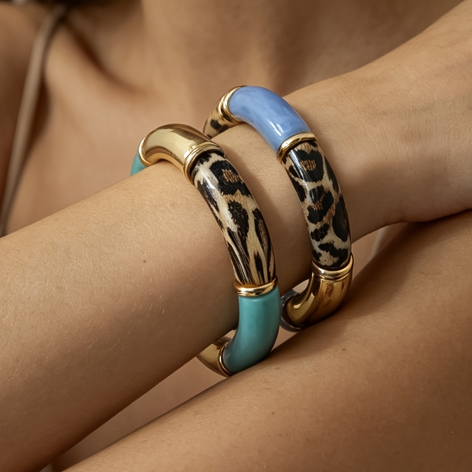 Retro Leopard Print Patchwork Elastic Bangle, Light Luxury Color-Block Arc Bracelet