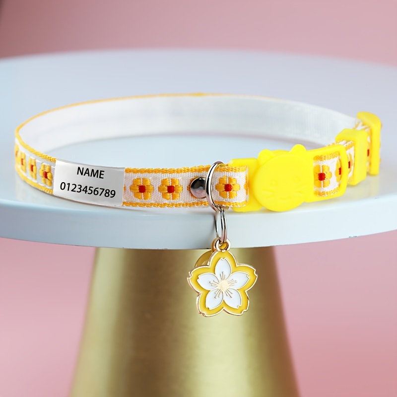 TEMU Personalized Dog Collar With Nameplate Custom Engraved Floral Print Breakaway Safety Kitten Collar And Flower Pendant For Small Dog Cats