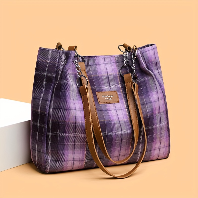 

Women's Fashion Plaid Shoulder Tote Bag, Nylon Large Capacity Casual Commuter Bag, Versatile Style