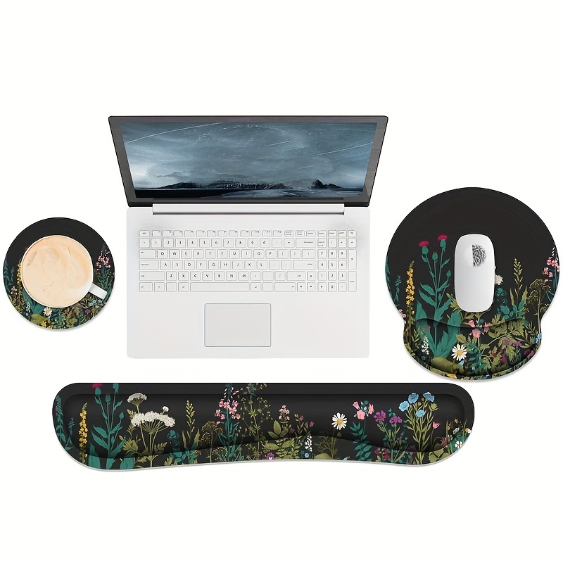 

3pcs Ergonomic Keyboard Wrist Rest And Mouse Pad Set With Memory Foam Support - Floral Design Desk Accessories For Computer, Laptop - Comfortable Black Flower Mousepad Wrist Support Combo
