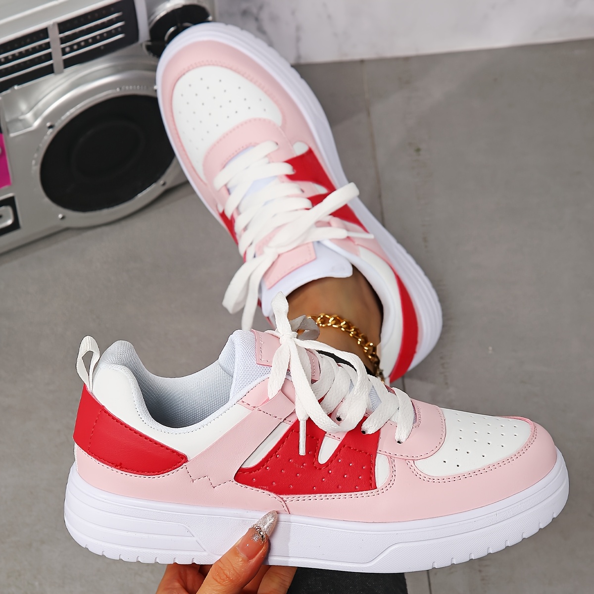 women's casual sneakers breathable low top skate shoes pink Temu