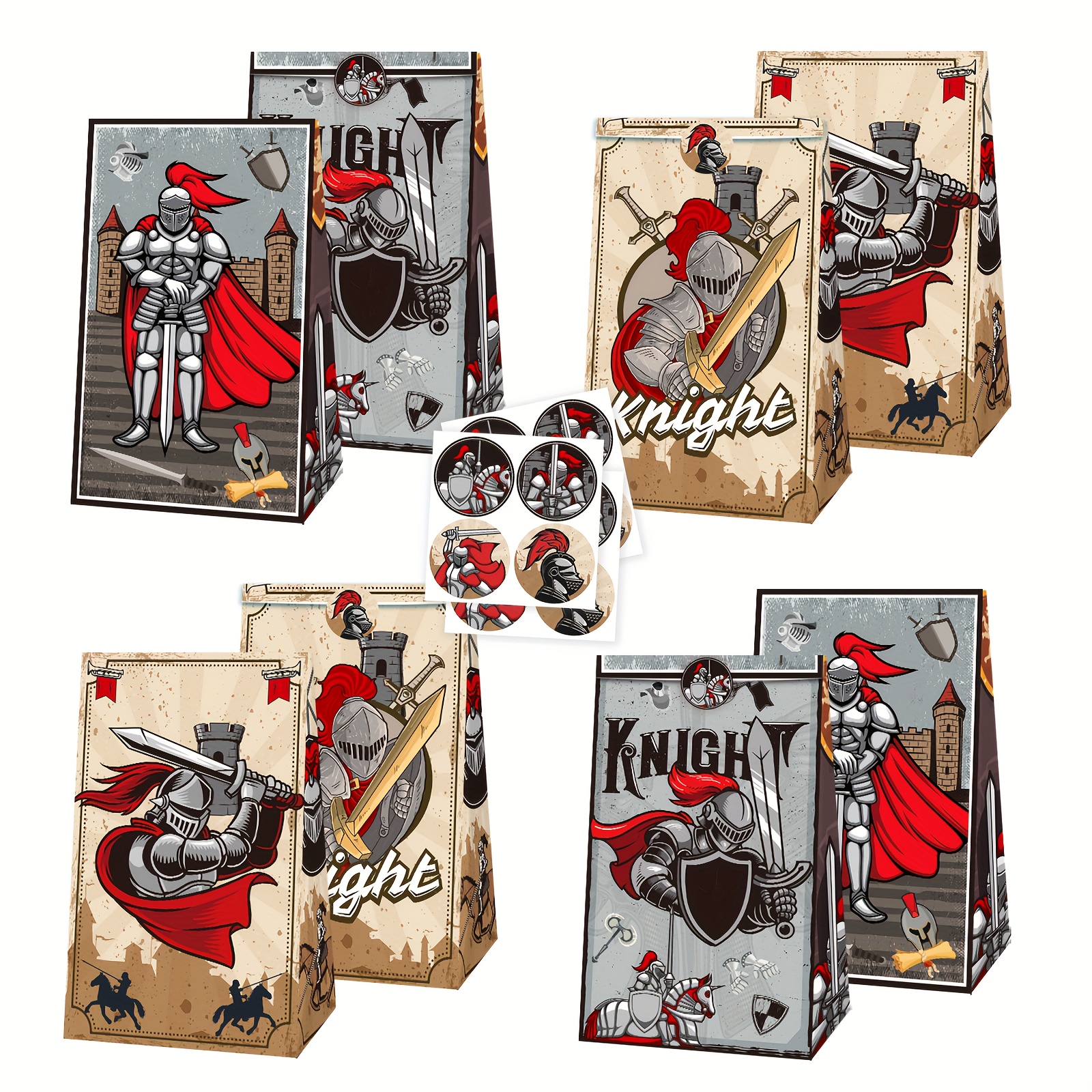 TEMU Gift For Her/him Medieval Knight Party Paper Bags, Medieval Knight Party Supplies, 12 Medieval Knight Paper Bags + 12 Medieval Knight Stickers,