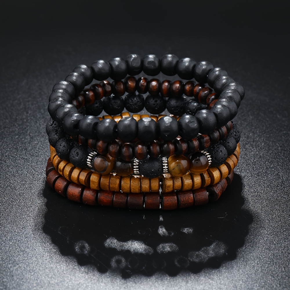 Men's Tiger's Eye Wooden Bead Bangle Bracelet 10pcs Set