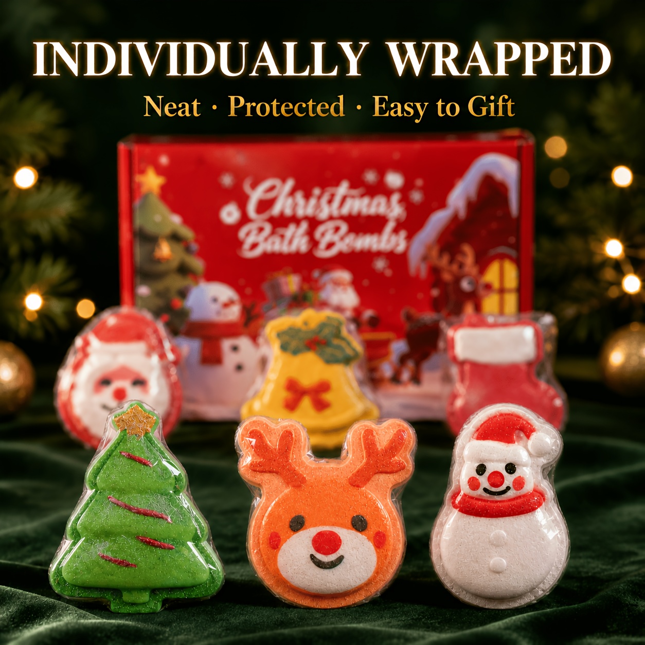 TEMU Christmas Bath Gift Set For Women, 6 Scented Festive , Santa, Snowman, Reindeer, Tree, Bell & Stocking Designs, Individually Wrapped In Red Gift