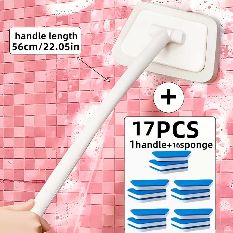 TEMU Ensemble de brosses de nettoyage multifonctionnelles pour salle de bain avec 16 têtes de brosse amovibles, manche long, outil de nettoyage