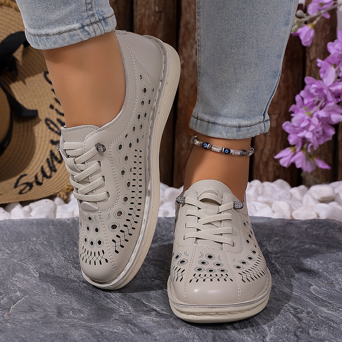 Women's Slip-On Loafers, Hollow-Out Design, Solid Color