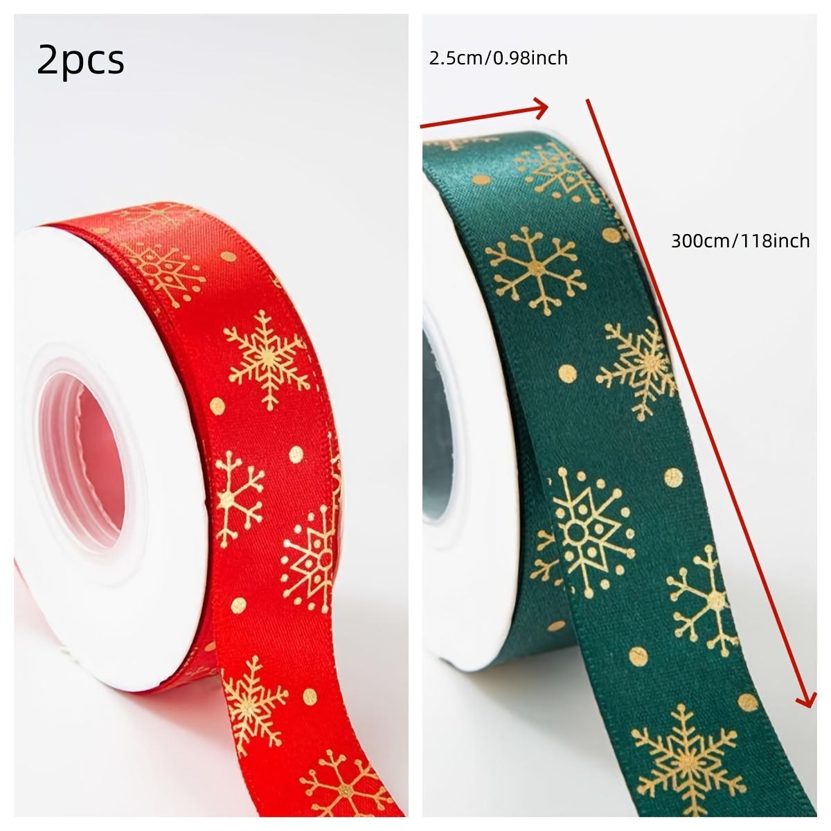 TEMU 2 Rolls Of Christmas Decorative Ribbon, Total Length 6 Meters, Includes Red And Green Christmas Themed Printed Decorative Ribbons, Length Cut,