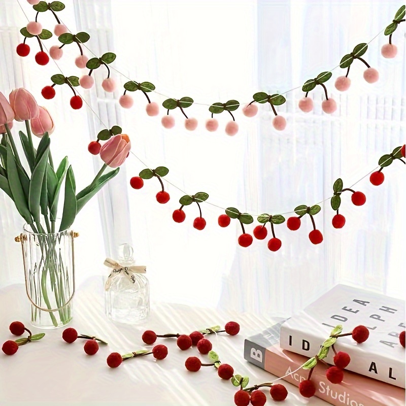 

1pc Art Deco Cherry Blossom Garland Decor, 6.6ft Fabric Cherry Pom Pom Banner, Wall Hanging For Wedding, Birthday Party, Valentine's Day, Room Wall Decoration