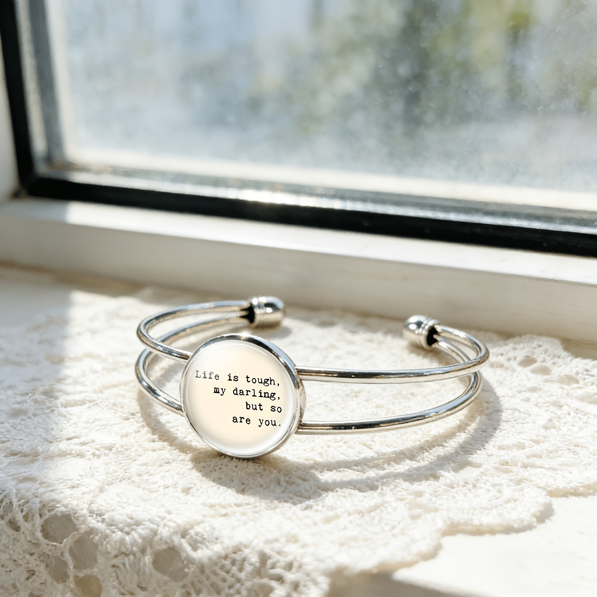 Adjustable Open Bangle Bracelet with Inspirational Quote