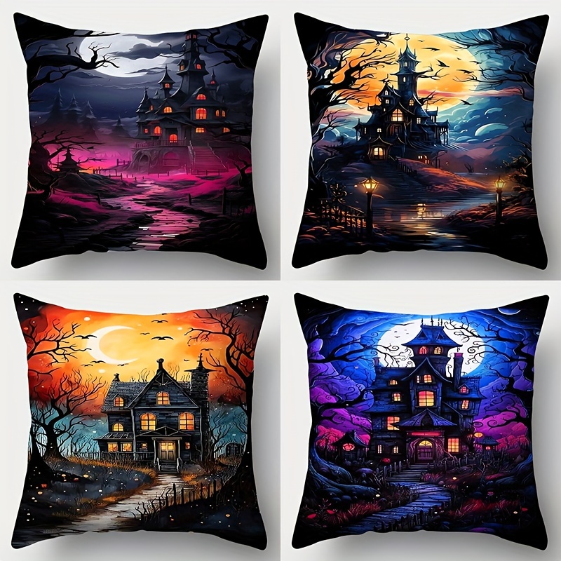 

4-pack 18x18 Inches Halloween Themed Pillow Covers, Contemporary Style, Artistic Castle Design, Decorative Cushion Cases For Home, Office, Living Room, Sofa - No Insert