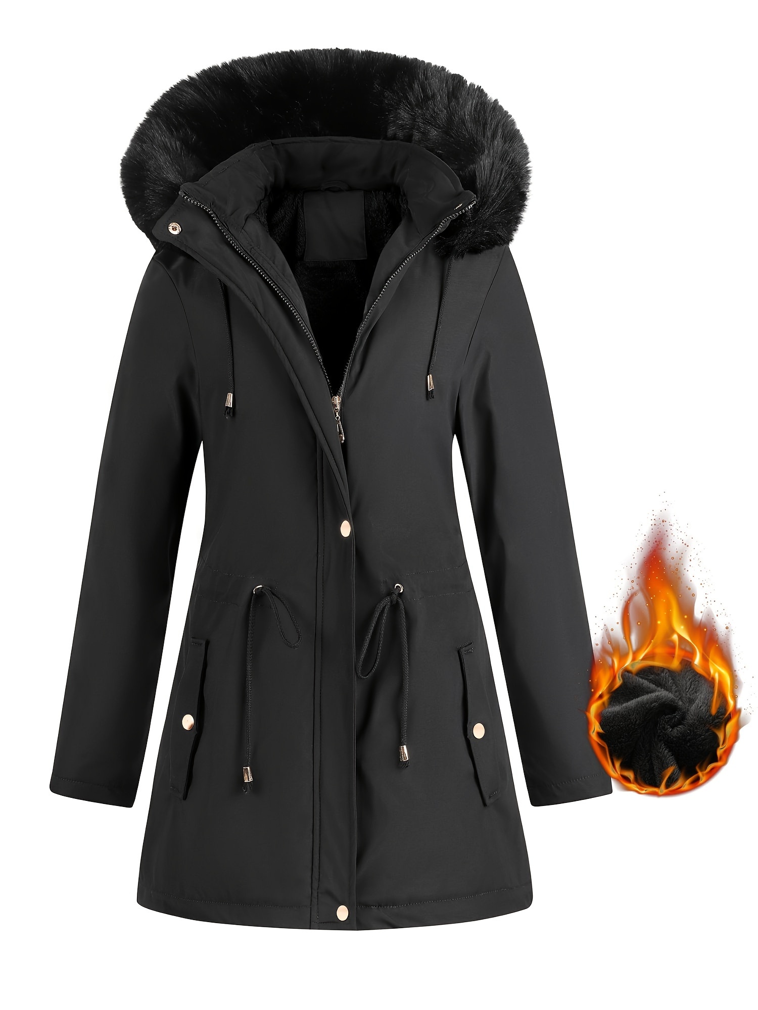 Women's Winter Fleece-Lined Hooded Jacket *-Length Casual Coat with  Fur-Trimmed Hood, Front Zipper Pockets, Machine Washable, Versatile