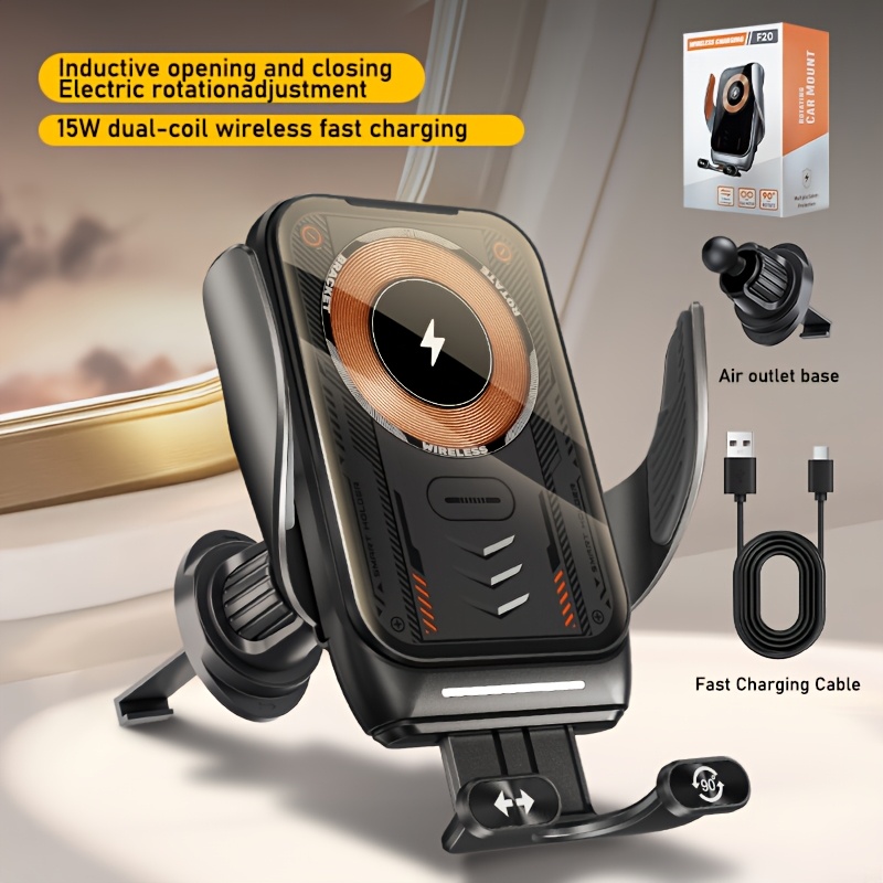 TEMU Support de Téléphone Chargeur Fil pour Voiture, Charge Rapide 15W, Accessoire Mobile à Pince Manuelle, Compatible avec de Bord et Ventilation,