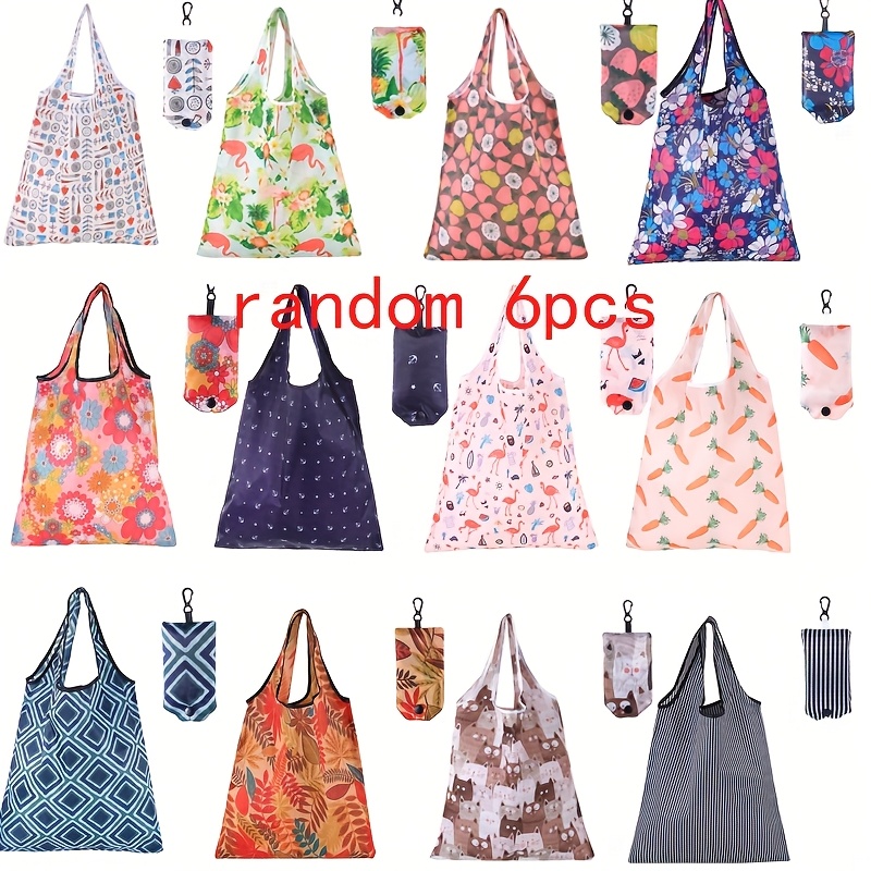 Image of 6pcs Reusable Shopping Bags Foldable Grocery Bags In Pocket High- Recycle Shopping Bags Machine Washable, For Daily Shopping Supplies Load, Random Style