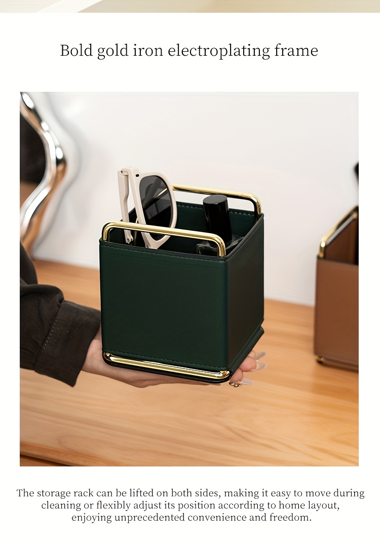 1pc of lightweight   leather storage tube makeup brush organizer vanity eyebrow and eyeshadow brush holder metal frame leather pen case desktop remote   storage box stylish square storage box multifunctional shelf living room countertop organizer fashionable high quality item Product details 4