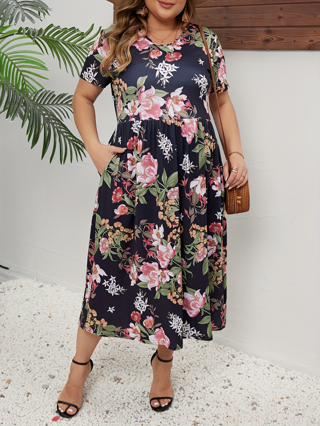 plus size floral print dress casual v neck short sleeve dress for spring summer womens plus size clothing