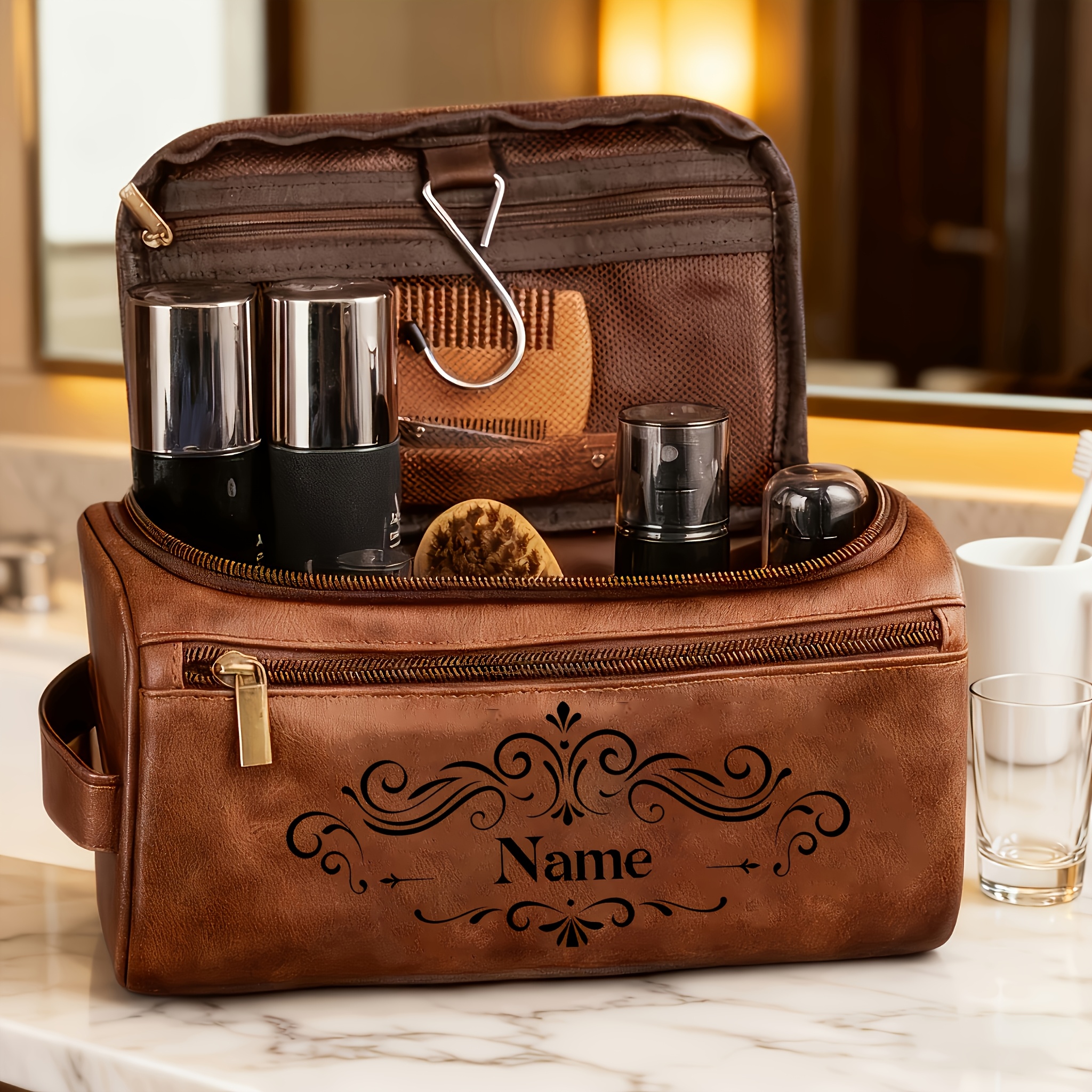 TEMU Self- Name Men's Toiletry Bag, Vintage Pu Hanging Travel Shaving Organizer, Large Capacity Shaving Supplies Storage Pouch With Hook And Side