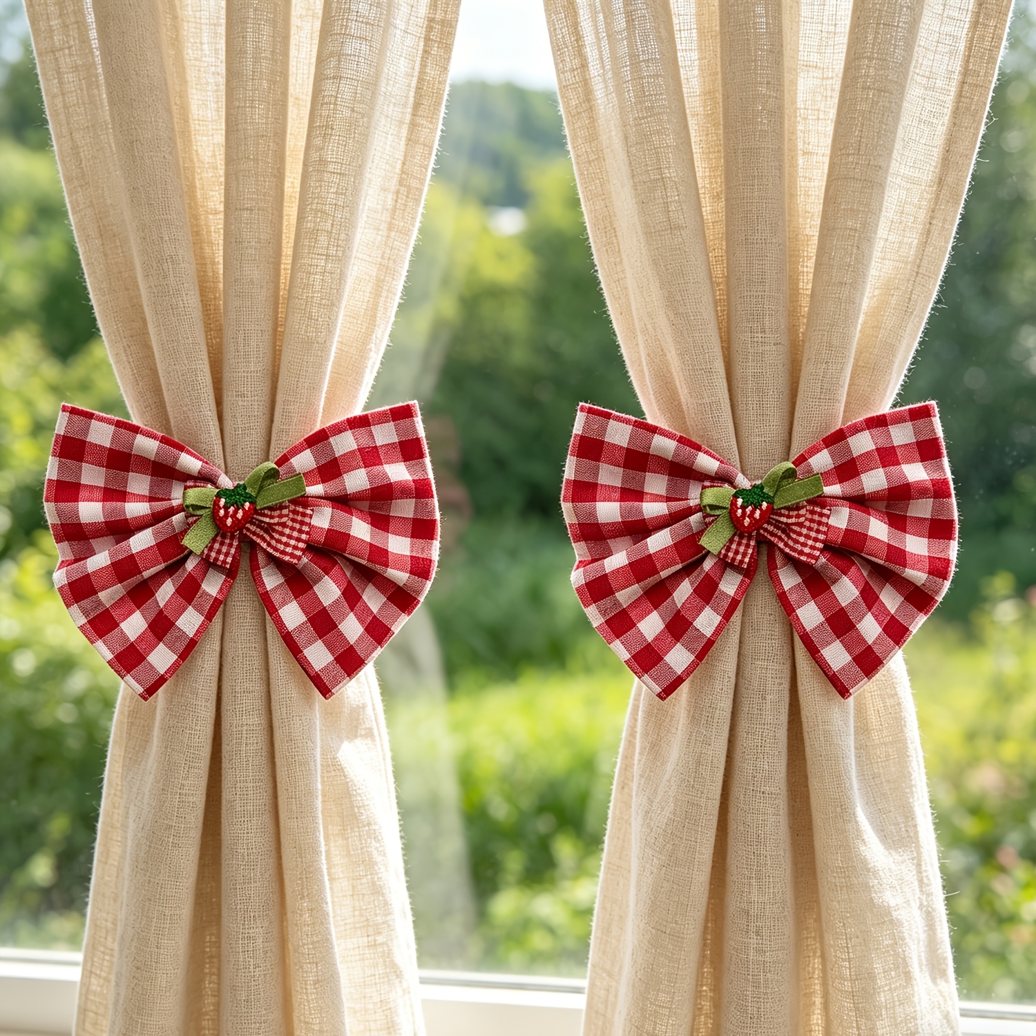 TEMU 1 Par/2 piezas de para cortinas con de cuadros rojos, con decoración de fresa, correas de sujeción para cortinas de estilo francés, cuerda para