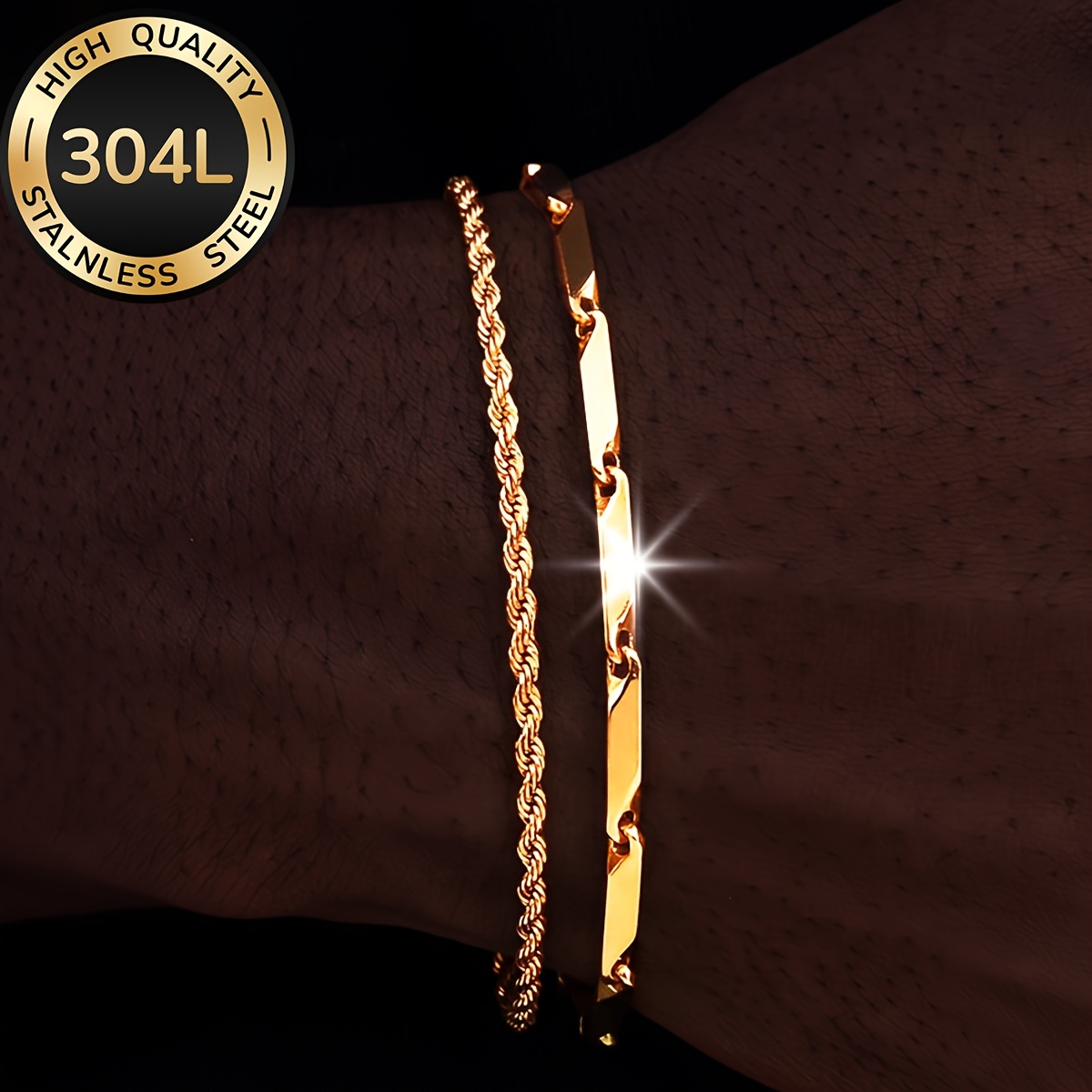 TEMU 2pcs High-quality 304l Stainless Steel Bracelet, 18k Gold Plated Golden-plated, Waterproof And , Suitable For Men's Jewelry Sets, Fashionable