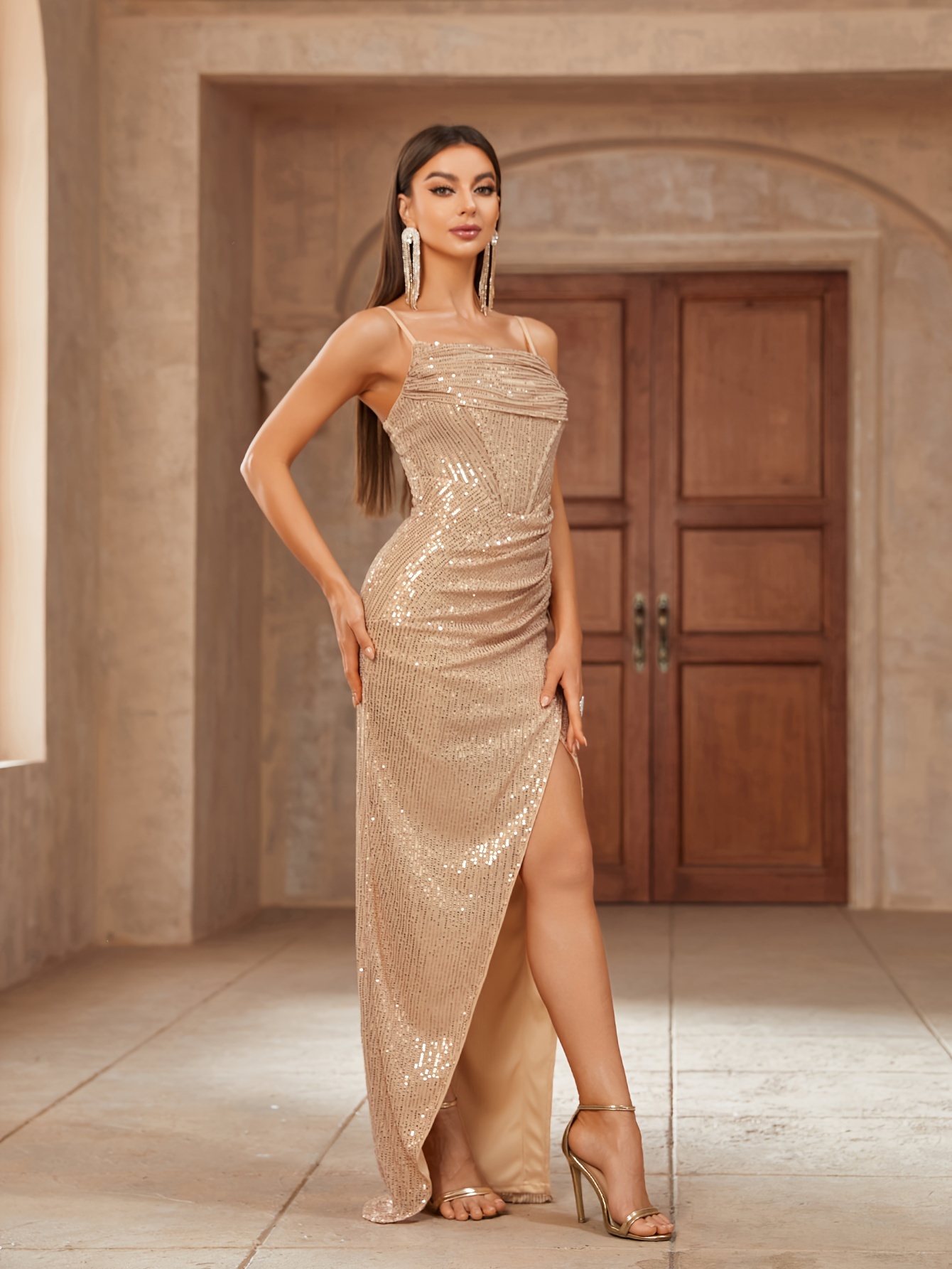 slim fit dress slacks Sparkly Sleeveless Deep V Neck Split Wholesale Evening Dresses main image 1