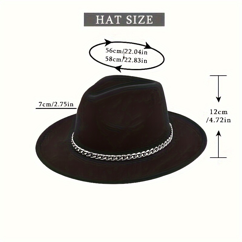 Men's Hat Wide Brim Fedora Wool Felt Metal Chain Jazz Cap Casual