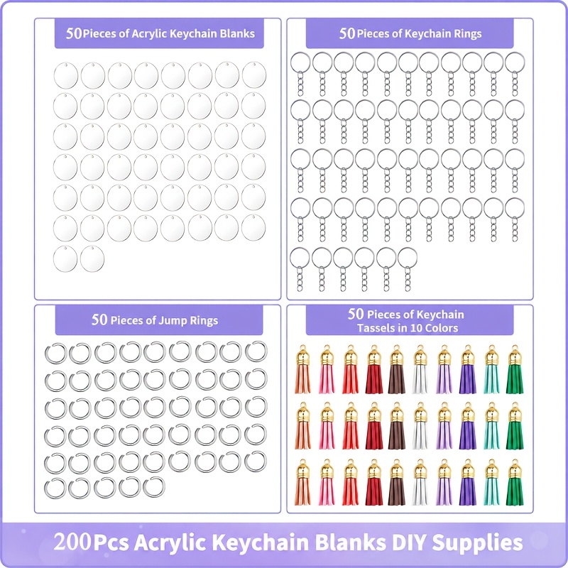 TEMU 50pcs 2 Inch Round Clear Acrylic Blanks, 50pcs Key Rings With Chains, 50pcs Jump Rings And 50pcs Colorful Tassels In 10 Colors, For Diy