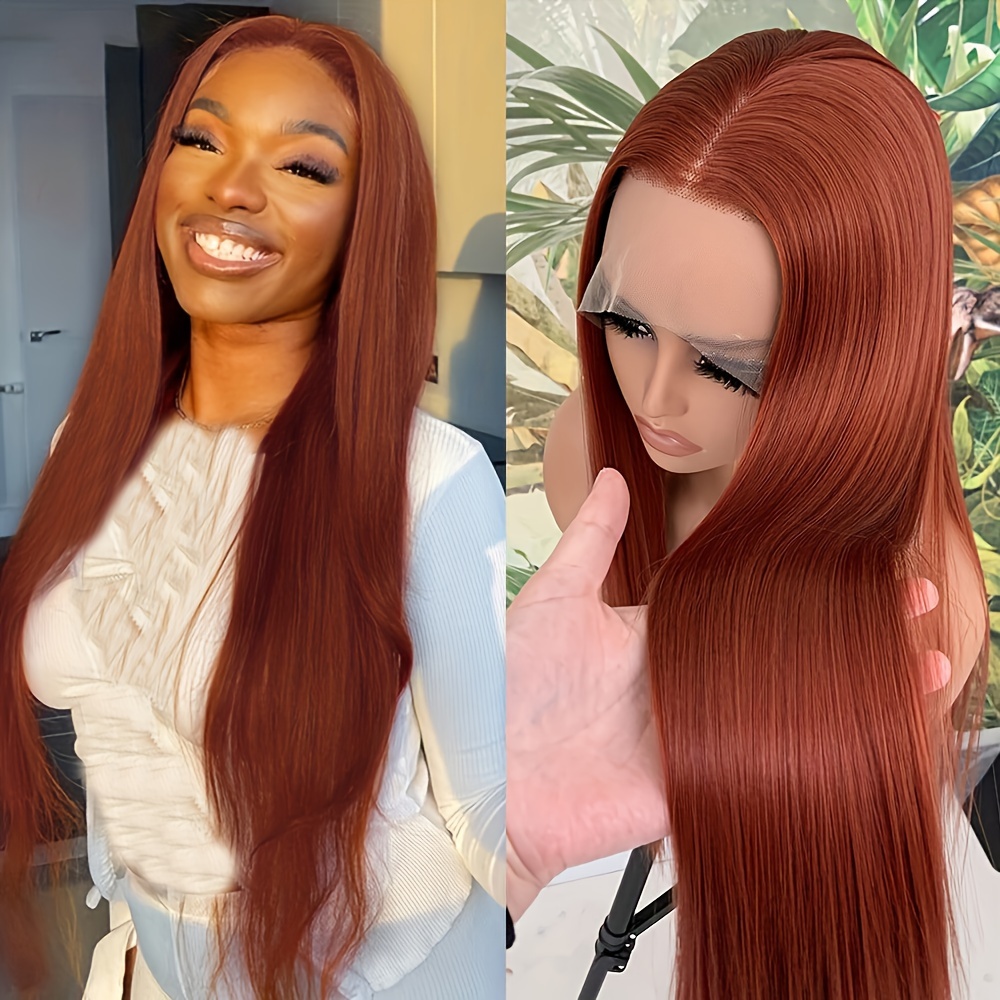 Ginger Synthetic Lace Front Wigs Pre Plucked Hairline Invisible HD Transparent 13x3.5 Straight Lace Front Wigs For Women 180 Density Reddish Orange Ginger Wig