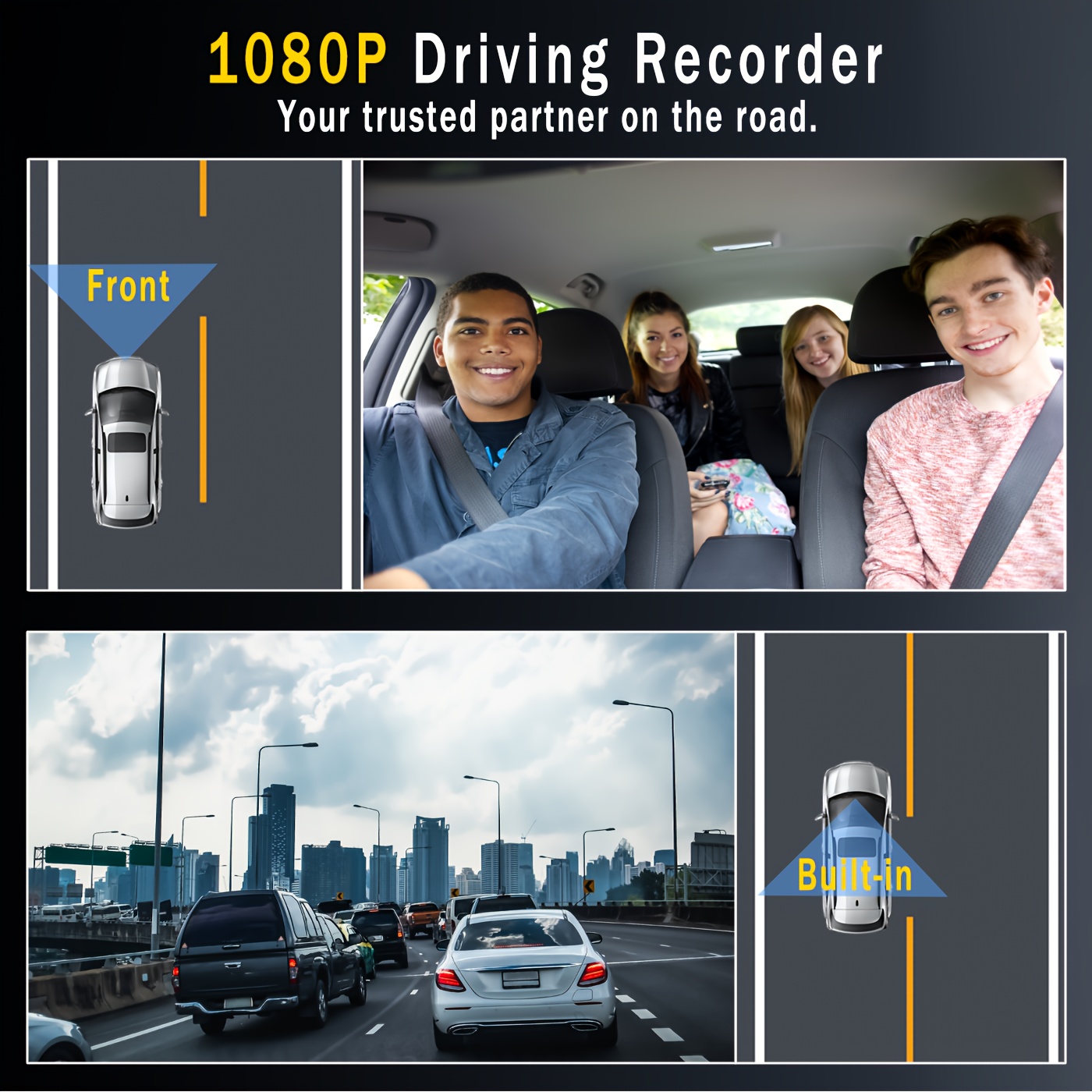 Caméra de tableau de bord double 1080P+720P pour voitures avec vision nocturne IR, enregistrement en boucle et objectif grand angle - Écran IPS de 8,03 cm, caméra arrière 720P, carte 32 Go en option