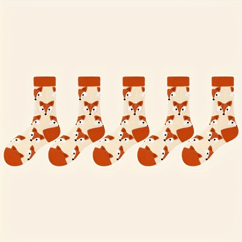 1 Pair/5 Pairs Of Cute Fox Pattern Women's Socks, Comfortable And Breathable, Mid-calf Socks